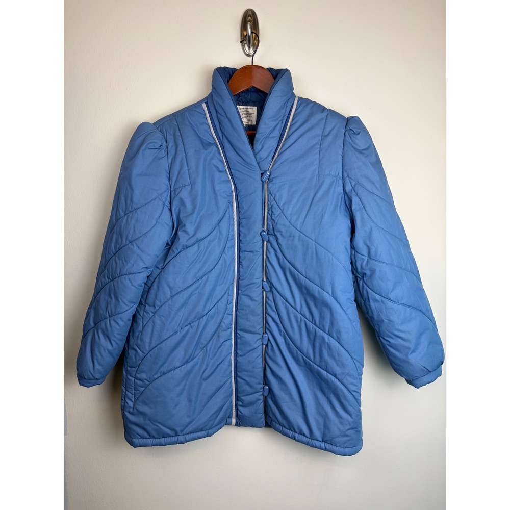 Vintage Puffer Jacket M Blue 80s Chevron Quilt Puffy Shoulder Toggle Coat Ski